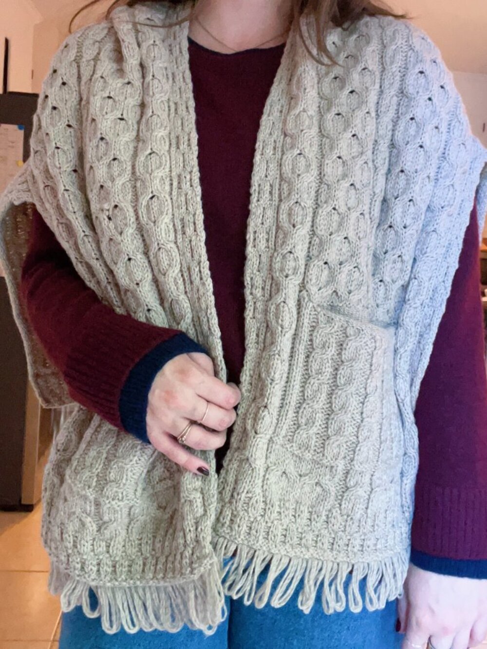 Connemara Knitwear Merino Wool Chunky Knit Pocket Shrug Shawl Fringe Beige OS